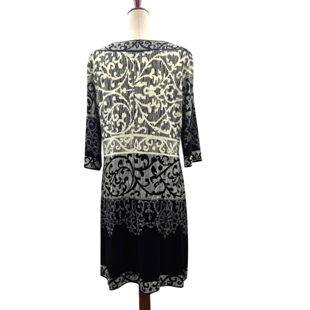 Donna Morgan Black and White Long-Sleeve Scroll Print Dress - Picture 2 of 7